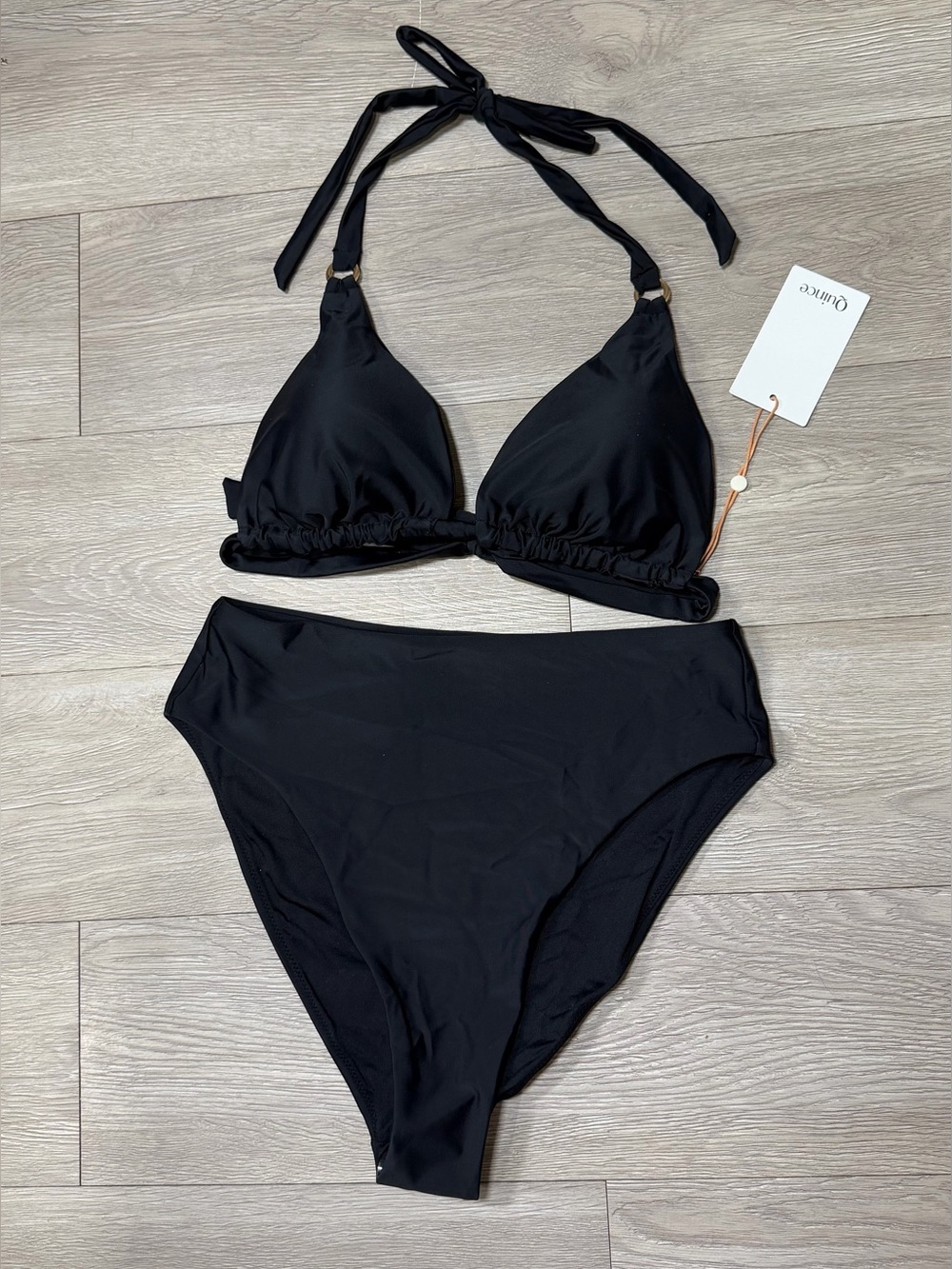 NWT Quince Italian Black Triangle Halter Bikini Set size L/XL